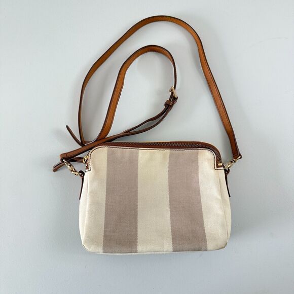 Fossil Sydney Crossbody Purse Bag Taupe And Cream Stripe Zip Closure Handbag - Picture 2 of 12